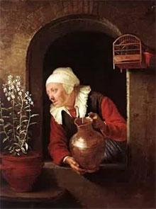  .  ,  . Gerrit Dou. Old woman at the window, watering her flowers. (1660-1665) 